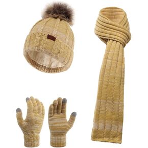 NATUST 3 Pieces Winter Knit Beanie Hat Warm Scarf and Touch Screen Gloves Set Warmer Gloves Set with Fleece Lined