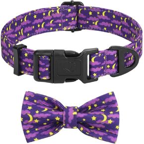 Taglory Halloween Dog Collar with Bow Tie, Adjustable Holiday Dog Collars with Quick Release Buckle, Soft Polyester Cotton, Moon Star Pattern Collar for Small Medium Dogs Halloween Celebration, S