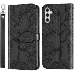 MEUPZZK for Samsung Galaxy S24+ Plus 5G Wallet Case, Embossed Tree Premium PU Leather [Kickstand] [Card Slots] [Wrist Strap] [6.7 inch] Phone Cover for Samsung S24 Plus (R-Black)