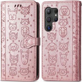 for Samsung Galaxy S24+ Plus 5G Wallet Case, Embossed Cat and Dog Premium PU Leather [Kickstand] [Card Slots] [Wrist Strap] [6.7 inch] Phone Cover for Samsung S24 Plus (C1-Purple)