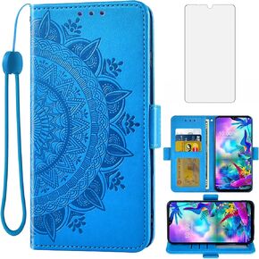 Asuwish Compatible with LG G8X ThinQ V50S Thin Q Wallet Case Tempered Glass Screen Protector Credit Card Holder Flip Purse Wrist Strap Stand Cell Phone Cover for LGG8XThinQ GX8 8X Men Blue