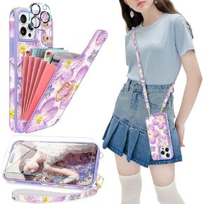 for iPhone 15 Pro Max Wallet Case,Retro 3D Oil Floral Crossbody Phone Case [Screen Protector+Camera Lens Protector] 5 Card Holder 360°Ring Stand&Lanyard Flip Case for iPhone 15 Pro Max,Purple