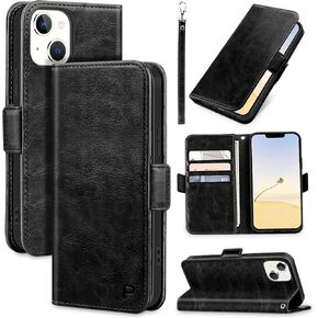 for iPhone 13 Case Leather Wallet with Card Holder[ RFID Blocking] 360 Full Shockproof Protection Magnetic Closure Phone Cover with Card Slots and Strap for iPhone 13 6.1in-Burgundy