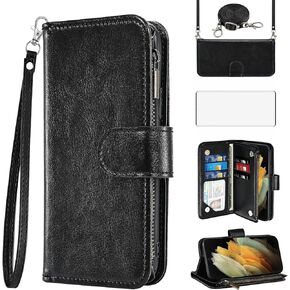 Asuwish Phone Case for Samsung Galaxy S21 Ultra 5G Wallet Cell Cover with Screen Protector Crossbody Strap Flip Zipper Card Holder Credit Slot Stand S21ultra 21S S 21 21ultra G5 Women Girls Men Black