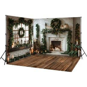 Kate Christmas Framed Fireplace White Brick Wall Window Christmas Tree Room Set-3 Fabric Backdrops 8x8ft(Left Wall)+10x8ft(Right Wall)+10x8ft(Floor