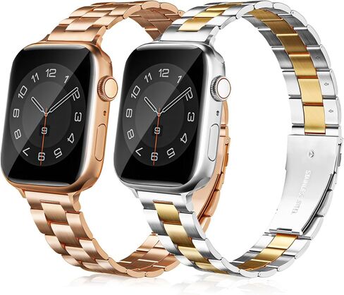 Thin Metal Bands Compatible with Apple Watch Band 38mm 40mm 41mm 42mm 44mm 45mm 46mm 49mm, Slim Stainless Steel Wristband Strap for iWatch Ultra SE Series 10 9 8 7 6 5 4 3 2 1-RoseGold+Silver-Gold in Kuwait