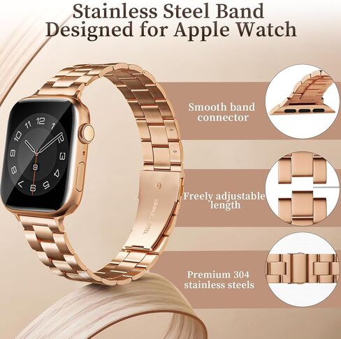 Thin Metal Bands Compatible with Apple Watch Band 38mm 40mm 41mm 42mm 44mm 45mm 46mm 49mm, Slim Stainless Steel Wristband Strap for iWatch Ultra SE Series 10 9 8 7 6 5 4 3 2 1-RoseGold+Silver-Gold in Kuwait