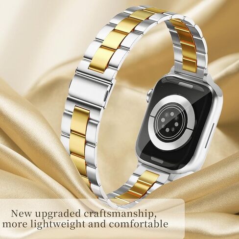Thin Metal Bands Compatible with Apple Watch Band 38mm 40mm 41mm 42mm 44mm 45mm 46mm 49mm, Slim Stainless Steel Wristband Strap for iWatch Ultra SE Series 10 9 8 7 6 5 4 3 2 1-RoseGold+Silver-Gold in Kuwait