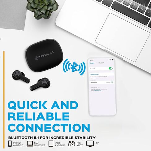 TREBLAB WX8 - سماعات أذن لاسلكية حقيقية، سماعات أذن مقاومة للماء IPX8، وقت تشغيل 28 ساعة، بلوتوث 5.1، التحكم باللمس وعزل الضوضاء، تتضمن علبة شحن مع شحن لاسلكي، منفذ USB-C (متجدد) in Saudi Arabia