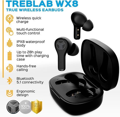 TREBLAB WX8 - سماعات أذن لاسلكية حقيقية، سماعات أذن مقاومة للماء IPX8، وقت تشغيل 28 ساعة، بلوتوث 5.1، التحكم باللمس وعزل الضوضاء، تتضمن علبة شحن مع شحن لاسلكي، منفذ USB-C (متجدد) in Saudi Arabia