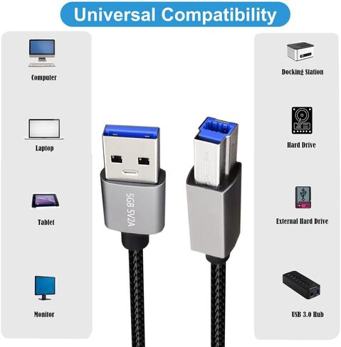 USB A to USB B 3.0 Cable Durable Nylon Braided Type A to B Male SuperSpeed USB Adapter Compatible Printers Scanner Monitor External Hard and More Devices (3.0 M/M 0.3M/1Feet) in Saudi Arabia