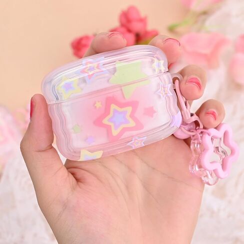 متوافق مع حافظة Airpod Pro، تصميم بنمط نجمة Kawaii لطيف مع سلسلة مفاتيح على شكل جرس صغير، غطاء واقٍ ناعم للفتيات والنساء in Saudi Arabia