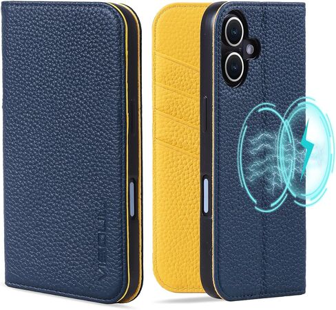 VISOUL Phone Case Wallet for iPhone 16 Plus, Pebbled Genuine Leather Case with Card Holders Kickstand Book Case Shockproof TPU Inner Shell Flip Cover Designed for iPhone 16 Plus (6.7")-Blue+Yellow in Saudi Arabia