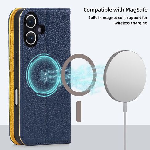 VISOUL Phone Case Wallet for iPhone 16 Plus, Pebbled Genuine Leather Case with Card Holders Kickstand Book Case Shockproof TPU Inner Shell Flip Cover Designed for iPhone 16 Plus (6.7")-Blue+Yellow in Saudi Arabia