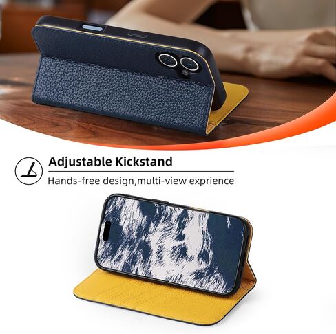 VISOUL Phone Case Wallet for iPhone 16 Plus, Pebbled Genuine Leather Case with Card Holders Kickstand Book Case Shockproof TPU Inner Shell Flip Cover Designed for iPhone 16 Plus (6.7")-Blue+Yellow in Saudi Arabia
