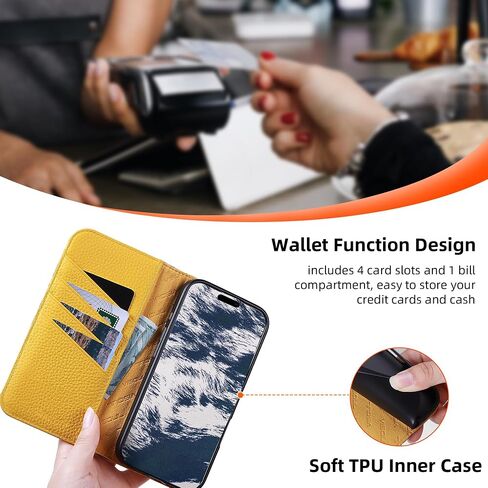 VISOUL Phone Case Wallet for iPhone 16 Plus, Pebbled Genuine Leather Case with Card Holders Kickstand Book Case Shockproof TPU Inner Shell Flip Cover Designed for iPhone 16 Plus (6.7")-Blue+Yellow in Saudi Arabia
