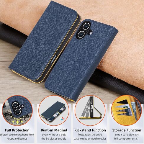 VISOUL Phone Case Wallet for iPhone 16 Plus, Pebbled Genuine Leather Case with Card Holders Kickstand Book Case Shockproof TPU Inner Shell Flip Cover Designed for iPhone 16 Plus (6.7")-Blue+Yellow in Saudi Arabia