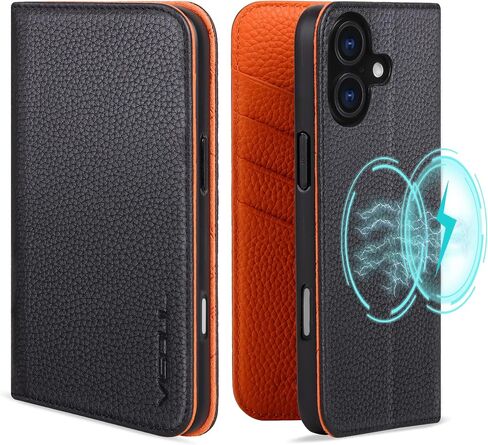VISOUL Phone Case Wallet for iPhone 16 Plus, Pebbled Genuine Leather Case with Card Holders Kickstand Book Case Shockproof TPU Inner Shell Flip Cover Designed for iPhone 16 Plus (6.7")-Blue+Yellow in Saudi Arabia