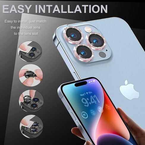 [3+1] Compatible for iPhone 14 Pro ＆ iPhone 14 Pro Max Camera Lens Protector 9H Tempered Glass Camera Cover Metal Individual Ring Full Coverage Camera Lens Protector with Removal Tool ( glitter pink) in Saudi Arabia