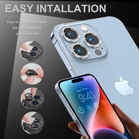 [3+1] Compatible for iPhone 14 Pro ＆ iPhone 14 Pro Max Camera Lens Protector 9H Tempered Glass Camera Cover Metal Individual Ring Full Coverage Camera Lens Protector with Removal Tool ( glitter pink) in Saudi Arabia