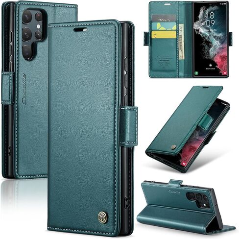 Case for Samsung Galaxy S22 Ultra Wallet Case, RFID Blocking PU Leather Flip Folio Cover Card Holder Kickstand Shockproof Phone Case Compatible with Samsung Galaxy S22 Ultra, Blue Green in Saudi Arabia