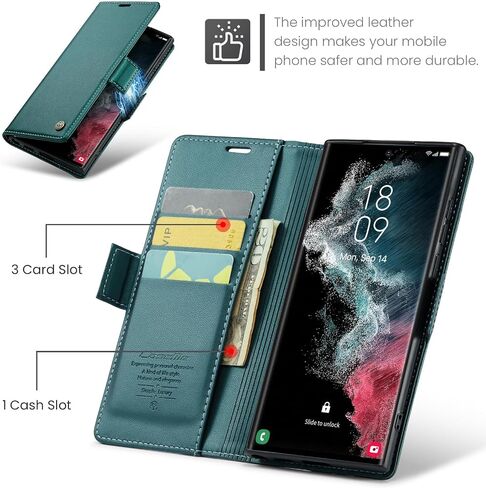 Case for Samsung Galaxy S22 Ultra Wallet Case, RFID Blocking PU Leather Flip Folio Cover Card Holder Kickstand Shockproof Phone Case Compatible with Samsung Galaxy S22 Ultra, Blue Green in Saudi Arabia