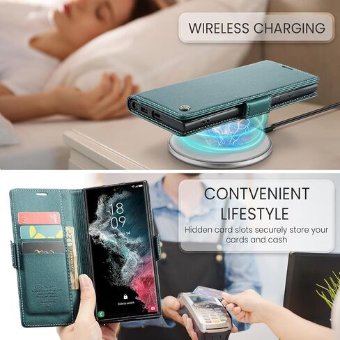 Case for Samsung Galaxy S22 Ultra Wallet Case, RFID Blocking PU Leather Flip Folio Cover Card Holder Kickstand Shockproof Phone Case Compatible with Samsung Galaxy S22 Ultra, Blue Green in Saudi Arabia