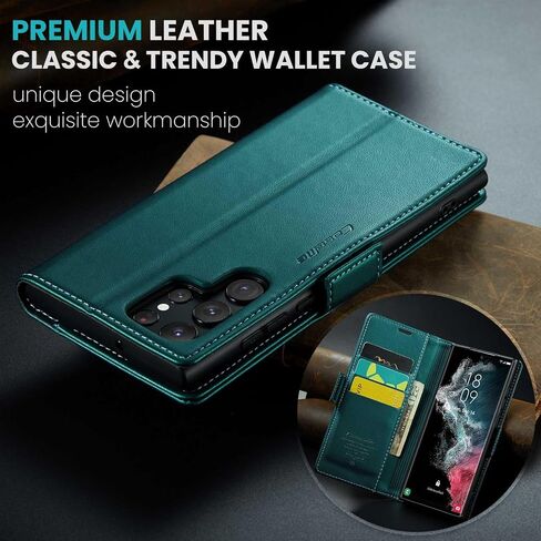 Case for Samsung Galaxy S22 Ultra Wallet Case, RFID Blocking PU Leather Flip Folio Cover Card Holder Kickstand Shockproof Phone Case Compatible with Samsung Galaxy S22 Ultra, Blue Green in Saudi Arabia