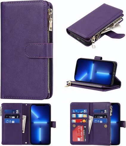 حافظة محفظة كروس لهاتف آيفون 13 مع حامل فتحة للبطاقات، حافظة من جلد البولي يوريثان بجيب بسحاب ومحفظة قلابة وحقيبة يد إغلاق مغناطيسي مع حزام حبل قابل للفصل لهاتف آيفون 13 - أخضر in Kuwait