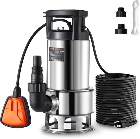 VEVOR Sump Pump Submersible, 1/3 HP, 2450 GPH High Flow, 30 ft Head, Submersible Water Pump, Thermoplastic Sump Pump with 10 ft Power Cord for Draining Water from Pool Garden Pond Basement in Saudi Arabia