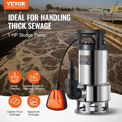 VEVOR Sump Pump Submersible, 1/3 HP, 2450 GPH High Flow, 30 ft Head, Submersible Water Pump, Thermoplastic Sump Pump with 10 ft Power Cord for Draining Water from Pool Garden Pond Basement in Saudi Arabia