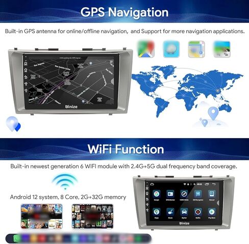 BINIZE Android Car Stereo متوافق مع Toyota Camry 2007 2008 2009 2010 2011، 9 بوصة راديو السيارة رئيس وحدة شاشة تعمل باللمس ستيريو السيارة، CarPlay اللاسلكي، Android Auto، GPS، WiFi، كاميرا احتياطية in Kuwait