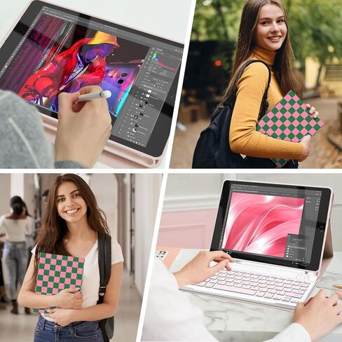 حافظة لوحة مفاتيح لجهاز iPad 9th / 8th / 7th Generation 10.2 بوصة مع حامل قلم رصاص، غطاء لوحة مفاتيح قابل للفصل لجهاز iPad Pro 10.5 بوصة / iPad Air 3rd، أزرق منقوش مربعات أزرق فاتح in Saudi Arabia