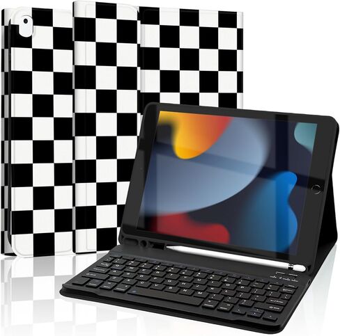 حافظة لوحة مفاتيح لجهاز iPad 9th / 8th / 7th Generation 10.2 بوصة مع حامل قلم رصاص، غطاء لوحة مفاتيح قابل للفصل لجهاز iPad Pro 10.5 بوصة / iPad Air 3rd، أزرق منقوش مربعات أزرق فاتح in Saudi Arabia