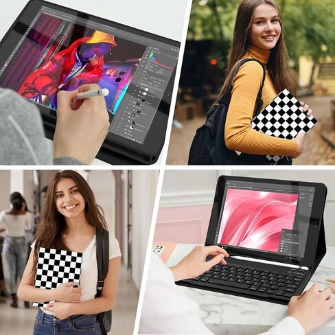 حافظة لوحة مفاتيح لجهاز iPad 9th / 8th / 7th Generation 10.2 بوصة مع حامل قلم رصاص، غطاء لوحة مفاتيح قابل للفصل لجهاز iPad Pro 10.5 بوصة / iPad Air 3rd، أزرق منقوش مربعات أزرق فاتح in Saudi Arabia