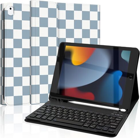 حافظة لوحة مفاتيح لجهاز iPad 9th / 8th / 7th Generation 10.2 بوصة مع حامل قلم رصاص، غطاء لوحة مفاتيح قابل للفصل لجهاز iPad Pro 10.5 بوصة / iPad Air 3rd، أزرق منقوش مربعات أزرق فاتح in Saudi Arabia