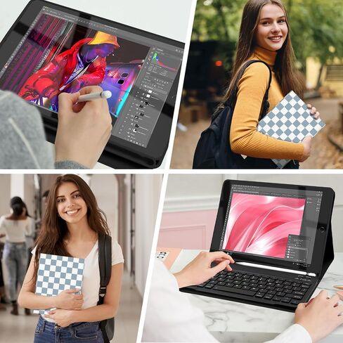 حافظة لوحة مفاتيح لجهاز iPad 9th / 8th / 7th Generation 10.2 بوصة مع حامل قلم رصاص، غطاء لوحة مفاتيح قابل للفصل لجهاز iPad Pro 10.5 بوصة / iPad Air 3rd، أزرق منقوش مربعات أزرق فاتح in Saudi Arabia