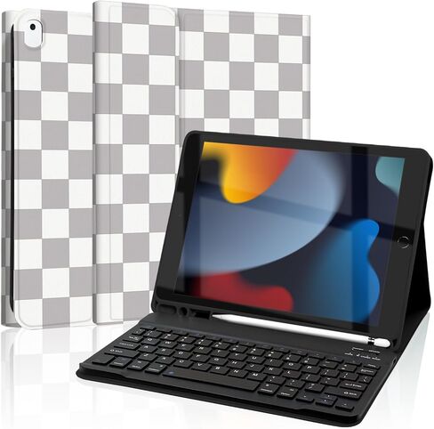 حافظة لوحة مفاتيح لجهاز iPad 9th / 8th / 7th Generation 10.2 بوصة مع حامل قلم رصاص، غطاء لوحة مفاتيح قابل للفصل لجهاز iPad Pro 10.5 بوصة / iPad Air 3rd، أزرق منقوش مربعات أزرق فاتح in Saudi Arabia