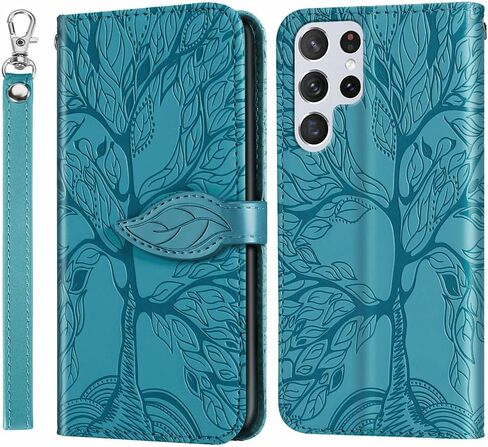 MEUPZZK for Samsung Galaxy S24+ Plus 5G Wallet Case, Embossed Tree Premium PU Leather [Kickstand] [Card Slots] [Wrist Strap] [6.7 inch] Phone Cover for Samsung S24 Plus (R-Black) in Saudi Arabia