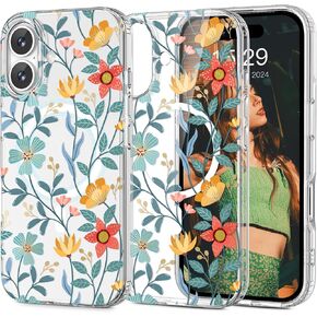 Jiunai for iPhone 16 Case, Compatible with Magsafe Flower Pattern Floral Anti Yellow Slim Clear Protective Scratch Resistant Pretty Cute Magnetic phone Case for iPhone 16 6.1’’ Transparent Women Girls