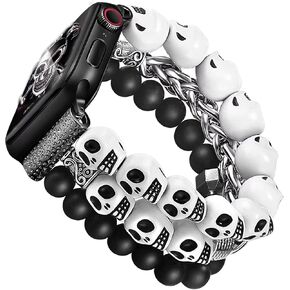 Halloween Skull Beaded Band for Apple Watch Brcelet Women 38mm/40mm/41mm Women,Jullstar Pearl Black Silver Metal Chain Elastic Bangle for iphone Watch Ultra Series 8 7 SE 6 5 4 3 2 1,Jewelry Skeleton iwatch Strap Girl BLack White