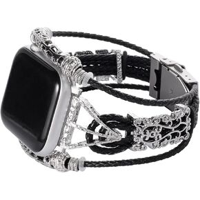 Compatible with Apple Watch Band 45mm 44mm 42mm 41mm 40mm 38mm 49mm,Handmade Leather Multilayer Adjustable Hollow Metal Retro Men Women Strap for iwatch Series 9/8/7/SE/6/5/4/3/2/1/Ultra