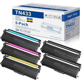 TN433 Toner Cartridge 5 Pack: TN-433 High Yield Replacement for Brother TN433 TN-433 TN431 for HL-L8360CDW HL-L8260CDW MFC-L8610CDW MFC-L8900CDW MFC-L8690CDW Printer (BK/C/Y/M)