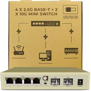 6-Port 2.5G PoE/PoE+ Unmanaged Ethernet Switch, 4 x 2.5G Base-T, 2 x 10G SFP+, VLAN Isolation, Supports 100/1000/2500Mbps, Fanless Metal Design, Desktop/Wall Mount, Ideal for WiFi AP, PoE Devices