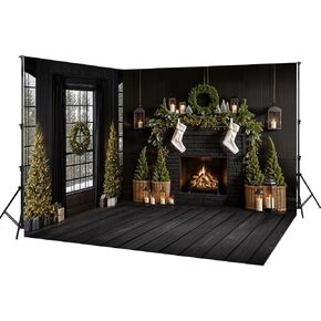 Kate Christmas Tree Fireplace Black Wall Window Christmas Room Set-3 Fabric Backdrops 8x8ft(Left Wall)+10x8ft(Right Wall)+10x8ft(Floor