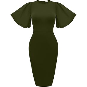 Memoriesea Women's Basic Bodycon Ruffle Flared Short Sleeve Pencil Midi Dress