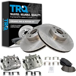 TRQ Front Disc Brake Rotor & Ceramic Brake Pad with Calipers Kit Set Compatible with 1998-2004 Toyota Avalon / 1997-2001 Toyota Camry / 1997-2001 Lexus ES300 / 1999-2003 Toyota Solara