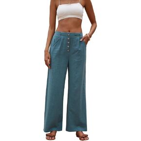 SVALIY Women Flowy Pants Cotton Linen Wide Leg Palazzo Pants Long Lounge Slacks High Waist Button Trousers Pocket