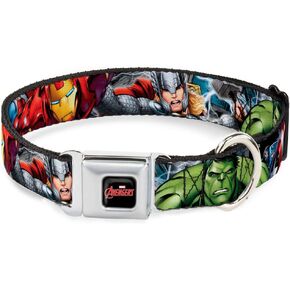 Buckle-Down Seatbelt Buckle Dog Collar - Marvel Avengers 4-Superhero Poses CLOSE-UP - 1" Wide - Fits 15-26" Neck - Large