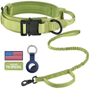 DAGANXI Tactical Dog Collar, Adjustable Military Training Nylon Dog Collar with Control Handle and Heavy Metal Buckle for Medium and Large Dogs, with Patches and Airtags Case (XXL, Spring Grass-Set)